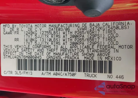 2006 Toyota Tacoma Base V6 from USA, damaged, VIN 3TMLU42N76M006045